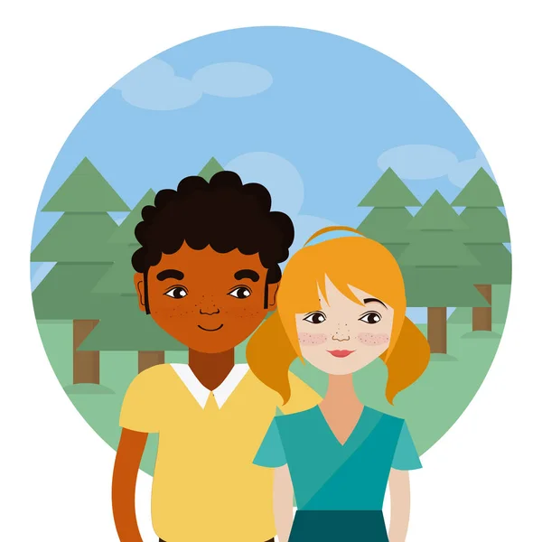 Pareja Joven Sobre Paisaje Redondo Icono Vector Ilustración Diseño Gráfico — Vector de stock