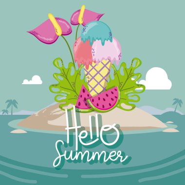 Merhaba yaz dondurma karpuz ve çiçekler çizgi film illüstrasyon grafik tasarım vektör