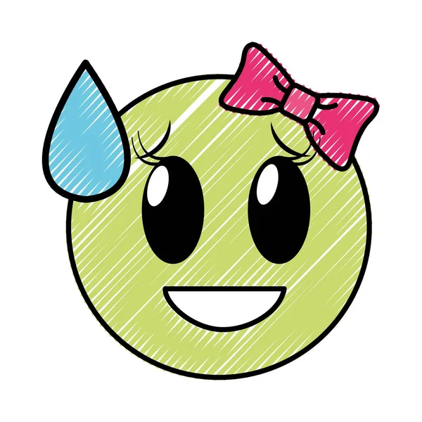 Gekritzel Scham lachen weibliche Emoji Ausdruck mit Schleife Schleife — Stockvektor