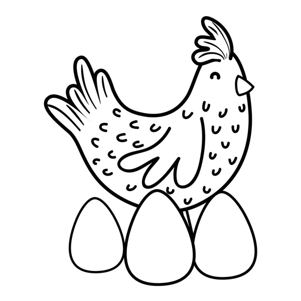 Line hen bird farm animal with eggs — Stock Vector