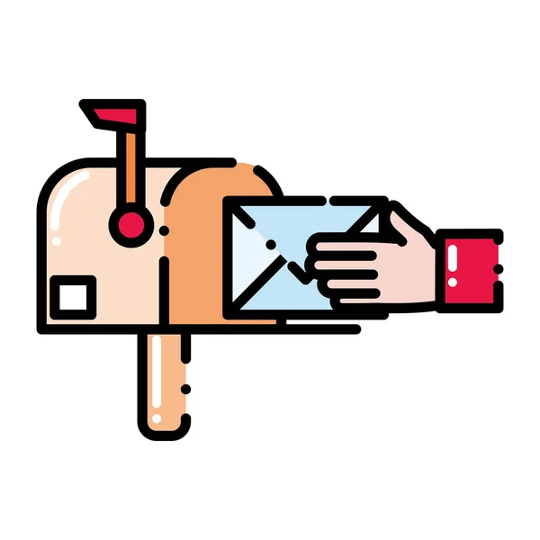 Ligne pointillée message boîte aux lettres et la main de l'homme avec lettre postale — Image vectorielle