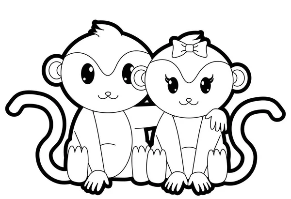 Outline monkey couple cute animal together — Stock Vector