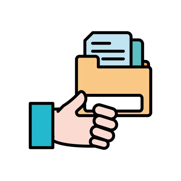 Γραμμή χρώμα άνθρωπος χέρι με έγγραφα μέσα σε φάκελο — Διανυσματικό Αρχείο