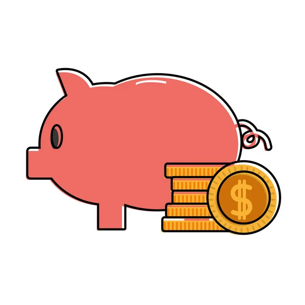 Kleur piggy te slaan geld en munten contante valuta — Stockvector