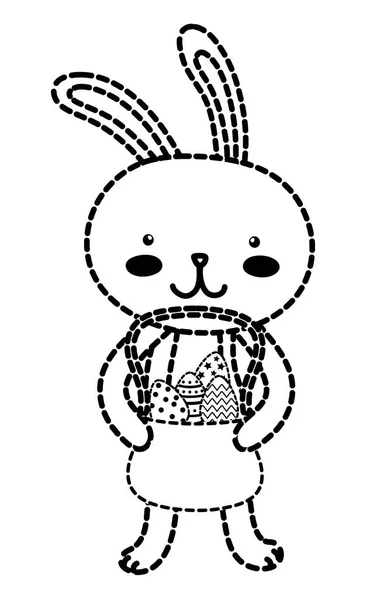 Forme pointillée lapin animal avec oeufs décoration de Pâques à l'intérieur panier — Image vectorielle