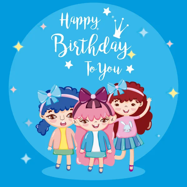 Tarjeta Cumpleaños Feliz Con Hermosas Niñas Dibujos Animados Vector Ilustración — Vector de stock