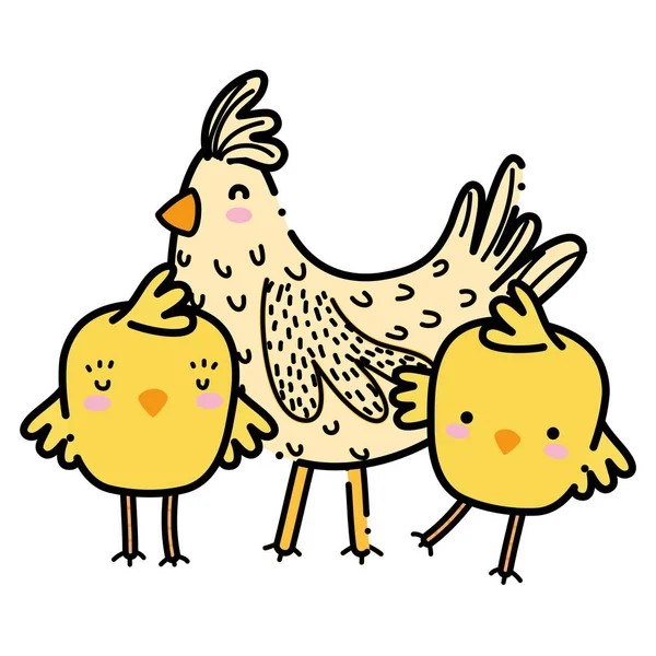 Poule de couleur avec poussins animaux d'oiseaux de ferme — Image vectorielle