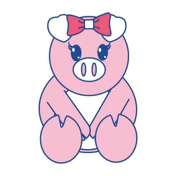 Ligne couleur femelle porc mignon animal avec ruban arc — Image vectorielle