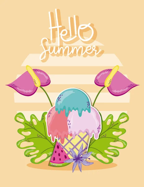 Hallo Sommer Eis Wassermelone Und Blumen Cartoons Vektor Illustration Grafik — Stockvektor