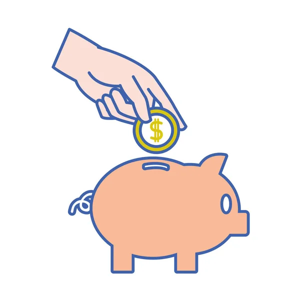 Cochon pour économiser de l'argent et la main avec de la monnaie — Image vectorielle