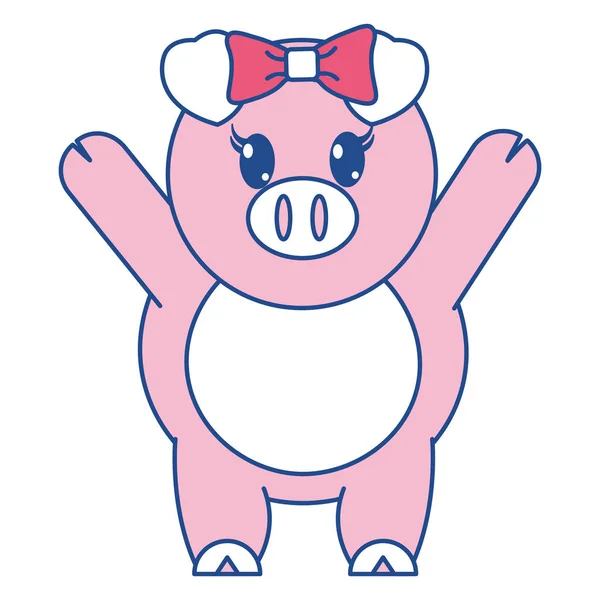 Line color adorable female pig animal with hands up — Stock Vector