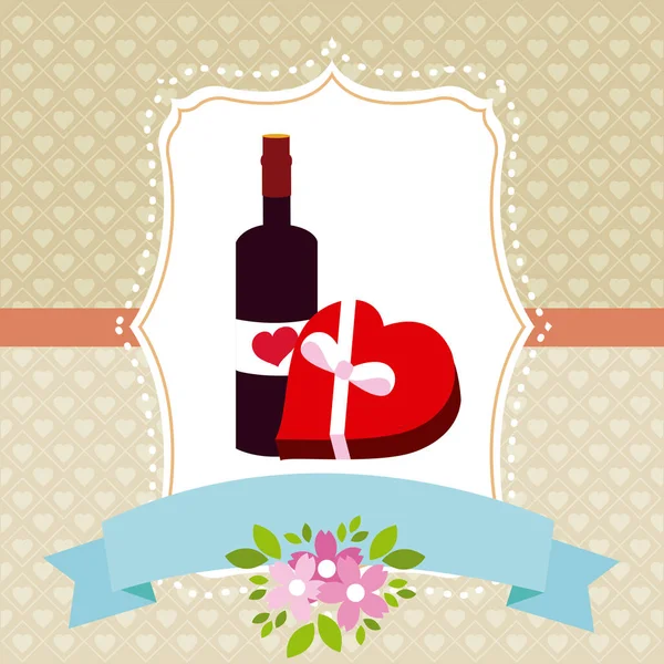 爱可爱的会徽与葡萄酒和礼品盒心形矢量插图平面设计 — 图库矢量图片