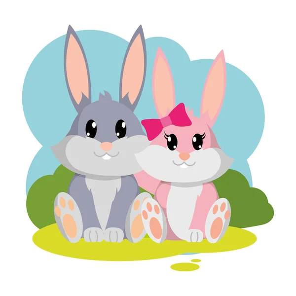 Colorido conejo pareja lindo animal en el paisaje — Vector de stock
