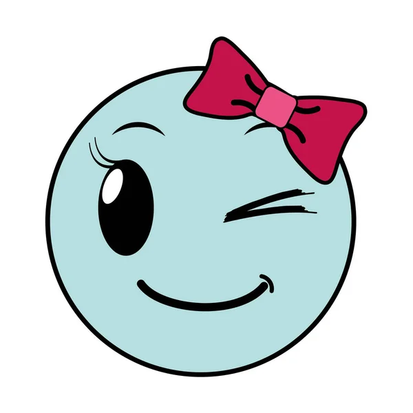 Γραμμή χρώμα καλό θηλυκό emoji έκφραση με κορδέλα φιόγκο — Διανυσματικό Αρχείο