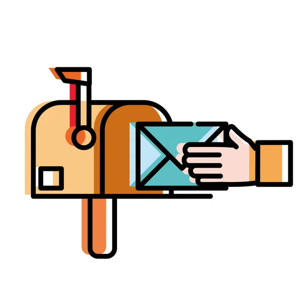 Mensagem de caixa de correio de cor movida e mão de homem com carta de correio — Vetor de Stock