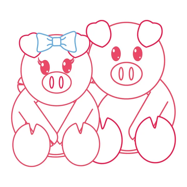 Цветная линия свиньи пара симпатичное животное вместе — стоковый вектор