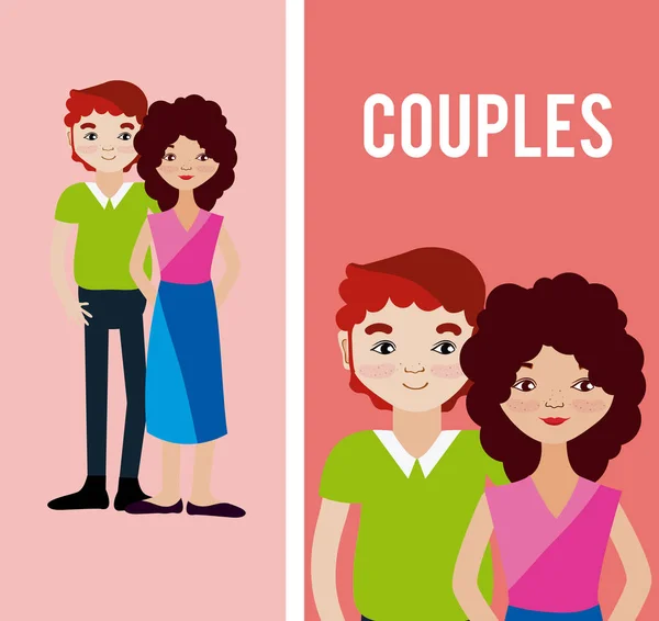 Mignon Charmant Couples Dessins Animés Sur Fond Coloré Vectoriel Illustration — Image vectorielle
