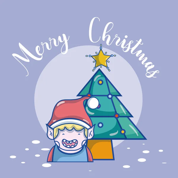 Merry Christmas Card Elf Tree Cartoons Vector Illustration Graphic Design — Stock Vector