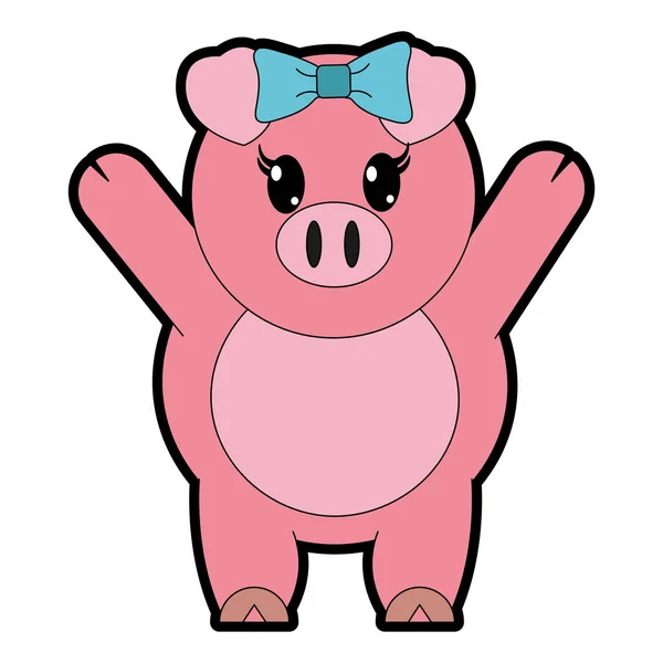 Animal de cerdo hembra adorable a todo color con las manos arriba — Vector de stock