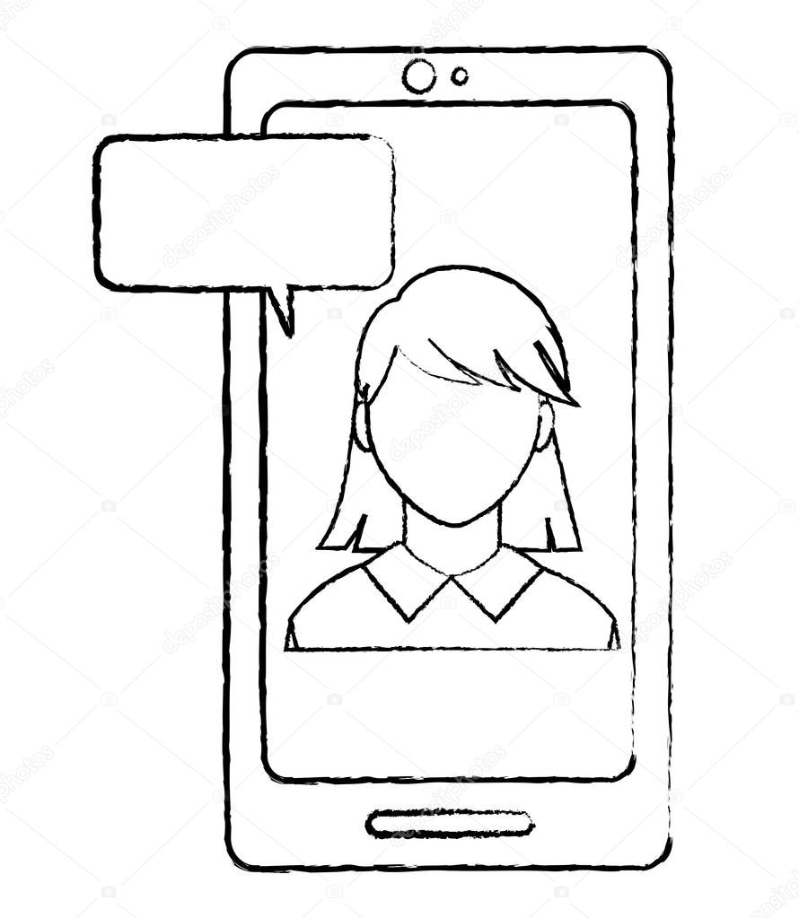 grunge user woman faceless inside smartphone with chat bubble