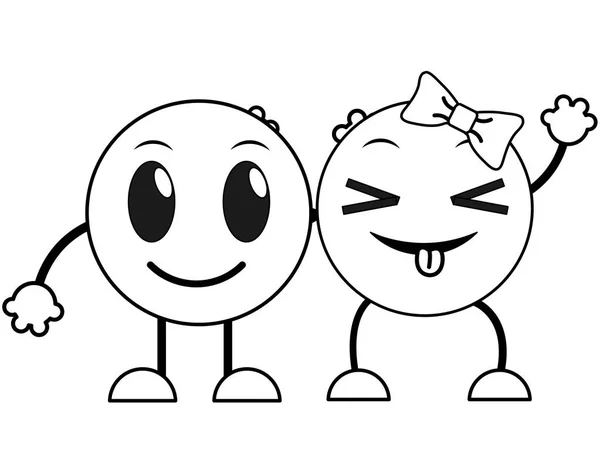Ligne couple sourire et drôle visage emoji — Image vectorielle