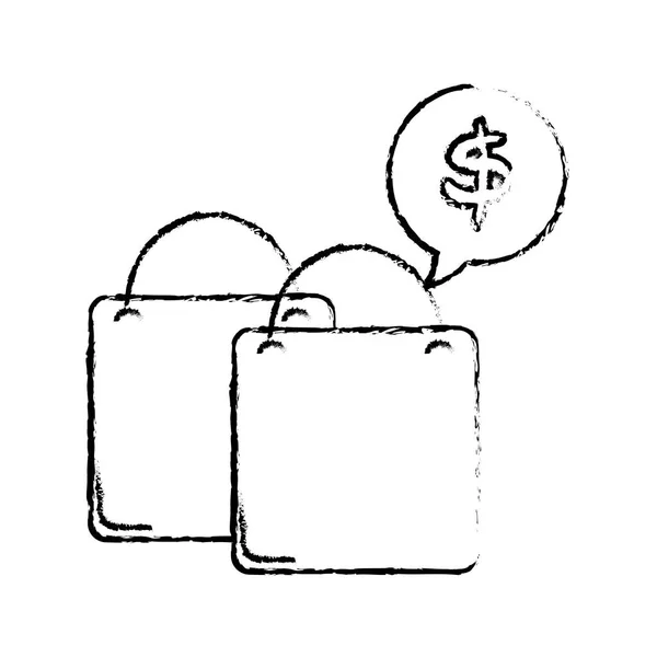 Grunge τσάντα για ψώνια με το σύμβολο δολαρίου μέσα συνομιλία φούσκα — Διανυσματικό Αρχείο