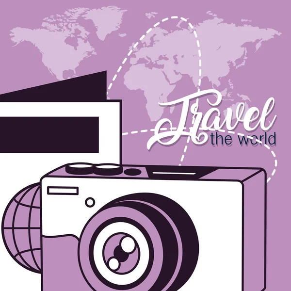 パスポートとカメラのベクトル イラスト グラフィック デザインと世界を旅行します — ストックベクタ