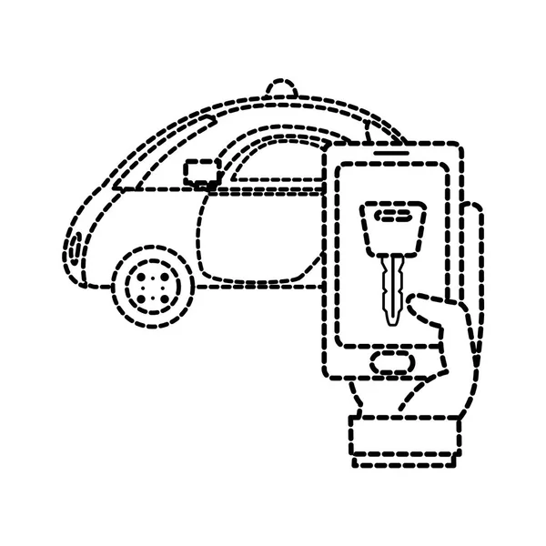 점선된 모양 경찰 차 및 스마트폰 디지털 키와 손을 — 스톡 벡터