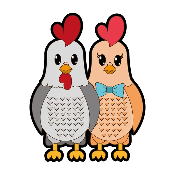 Full color galo e galinha casal bonito animal — Vetor de Stock