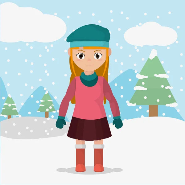 Menina com roupas de inverno no tempo frio —  Vetores de Stock