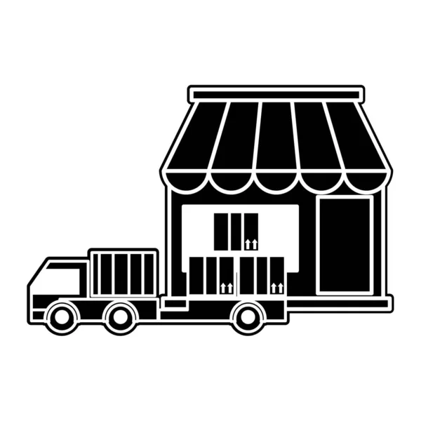 Tienda de entrega de silueta con transporte de camiones y paquetes — Archivo Imágenes Vectoriales