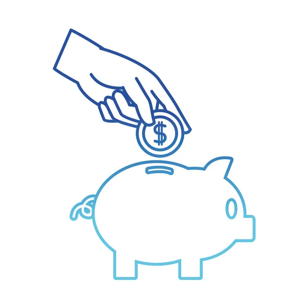 Ligne bleue cochon pour économiser de l'argent et la main avec de la monnaie — Image vectorielle