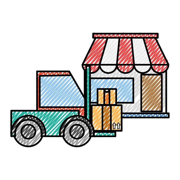 Doodle teslim mağaza firklift ve kutuları paketleri ile — Stok Vektör