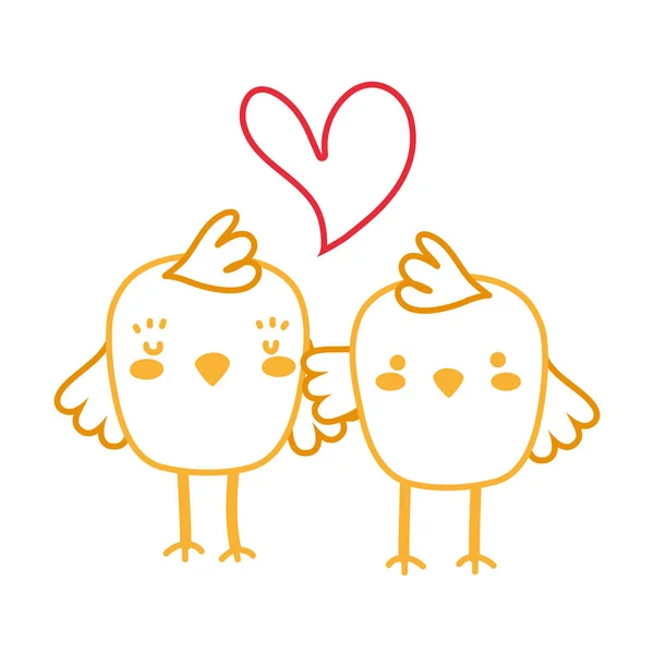 Línea de neón pollitos pareja juntos y amor corazón — Vector de stock