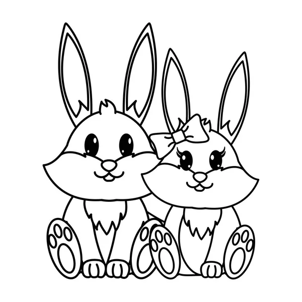 Línea conejo pareja lindo animal juntos — Archivo Imágenes Vectoriales