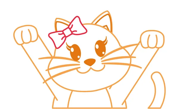 Línea de color adorable gato hembra con las manos arriba — Vector de stock