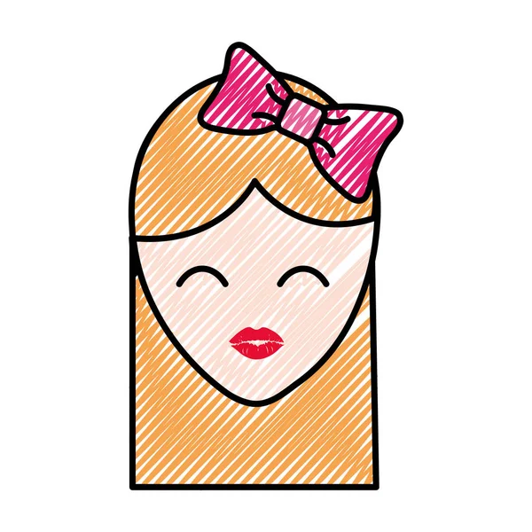 Tête de fille râpée avec ruban arc coiffure et maquillage — Image vectorielle