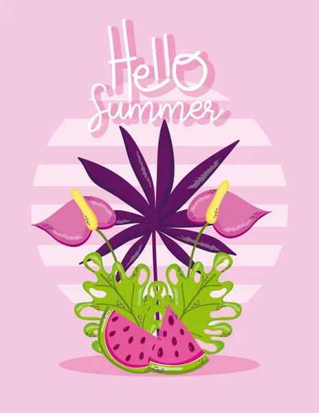 Hej Sommar Med Vattenmelon Och Blommor Vektor Illustration Grafisk Design — Stock vektor