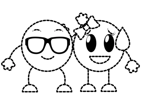 Forma punteggiata coppia fresco e vergogna ridere faccia emoji — Vettoriale Stock