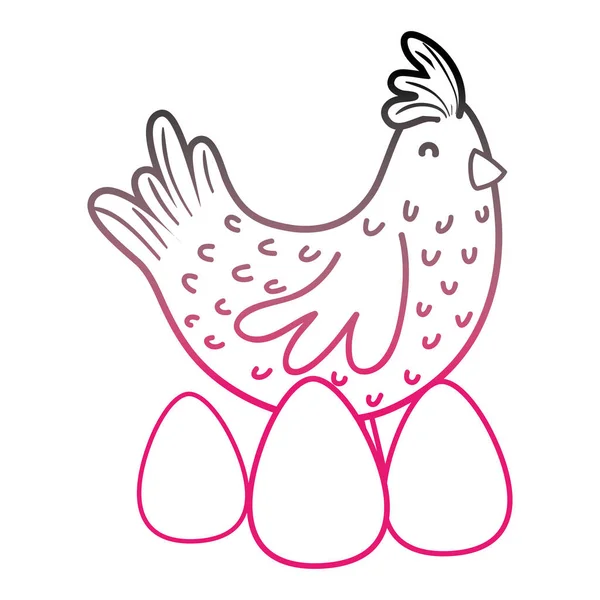 Línea de color gallina ave granja animal con huevos — Vector de stock