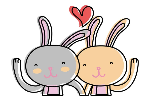 Línea color belleza conejo pareja junto con el corazón — Archivo Imágenes Vectoriales