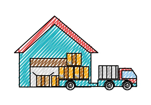 Магазин доставки каракулі з вантажівкою та послугою пакунків — стоковий вектор