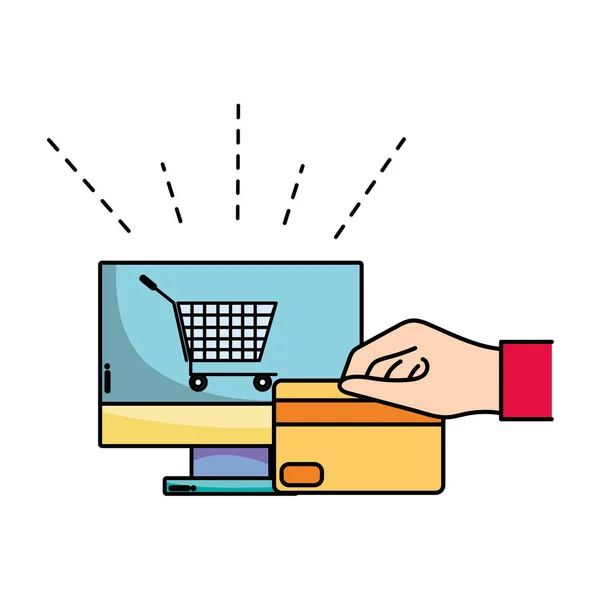 Tela do computador e mão com cartão de crédito —  Vetores de Stock