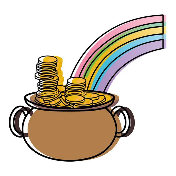 Monedas de oro de color movido dentro de olla caldero y arco iris — Vector de stock