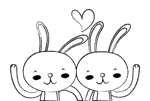 Grunge beleza coelho casal em conjunto com o coração — Vetor de Stock