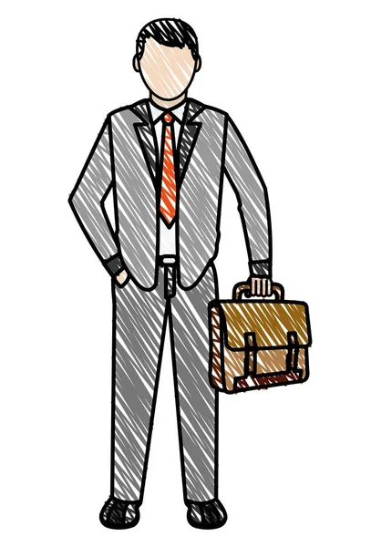 Doodle hombre con maleta y ropa elegante estilo — Vector de stock