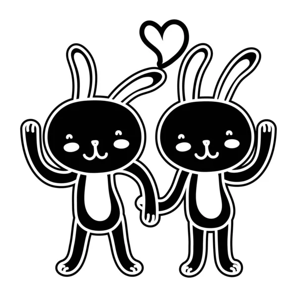 Silhouette Kaninchen Paar Liebe mit Händen zusammen — Stockvektor