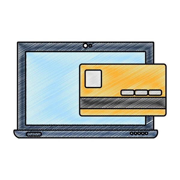 Tecnologia de laptop tela ralada com cartão de crédito digital — Vetor de Stock