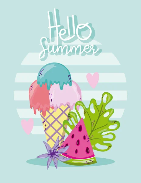 Olá Verão Sorvete Melancia Flores Desenhos Animados Vetor Ilustração Design — Vetor de Stock