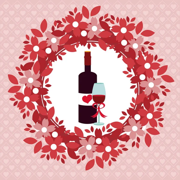 ワインの瓶と花ベクトル イラスト グラフィック デザイン内カップ愛かわいいエンブレム — ストックベクタ